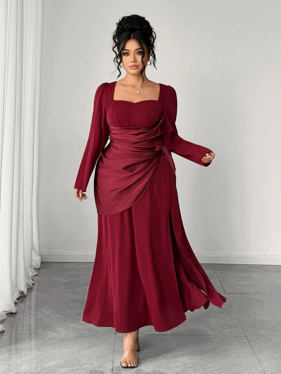 Elenzga Plus Size Elegant Satin Square Neck Cinched Waist Slit Long Sleeve Pleated Evening Gown Dress Fall - Burgundy - View 1