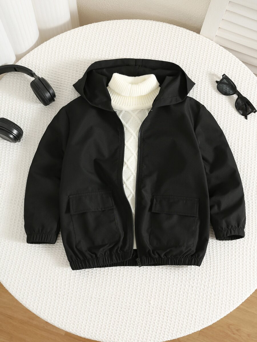 SHEIN 兒童小男孩秋冬連帽長袖黑色外套 男童外套 - 彩色 - 查看 1