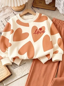 2pcs Young Girls Casual Fashion Sweet Cute Heart Pattern LOVE Print Crew Neck Long Sleeve Fleece Pullover Sweatshirt And Matching Wide Leg Sweatpants Set, Suitable For Autumn/Winter Wear - Multicolor - View 3