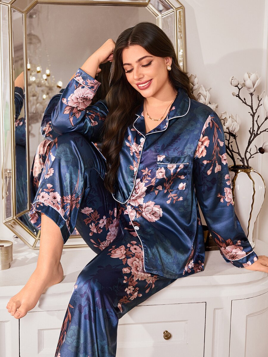 MuseNap CURVE Autumn/Winter Floral Print Satin Patch Pocket Trim Front Button Long Sleeve Pants Women Plus Size Pajama Set Loungewear Set - Blue - View 1