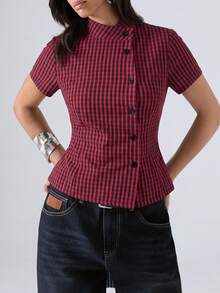 LYSMO Women's Plaid Casual Versatile Daily Wear Shirt - Red and Black - View 6