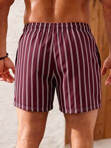 Manfinity KASUA Men's Vertical Striped Drawstring Waist Pocket Beach Shorts - Burgundy - View 2