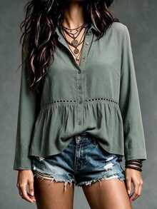 Trelyra Women's Fashion Casual Button Lace Patchwork Daily Shirt - Dark Grey - View 3