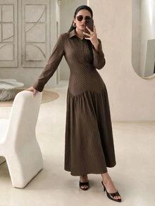 Mulvari Gaun Midi Kasual Wanita Lengan Panjang Bergaris dengan Kancing Setengah Plaket - Coffee Brown - View 5