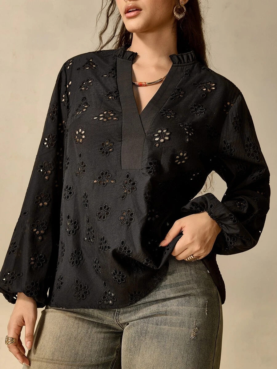 Nubod Black Embroidered Plus Size Women's Notch V-Neck Lantern Sleeve Blouse Fall - Black - View 1