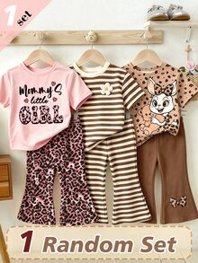 (1 Random Set) Baby Girls Autumn Casual Cute Pink Leopard Print Letter Heart Bow Rabbit Flower Striped Short T-Shirt And Flared Pants - Multicolor - View 1