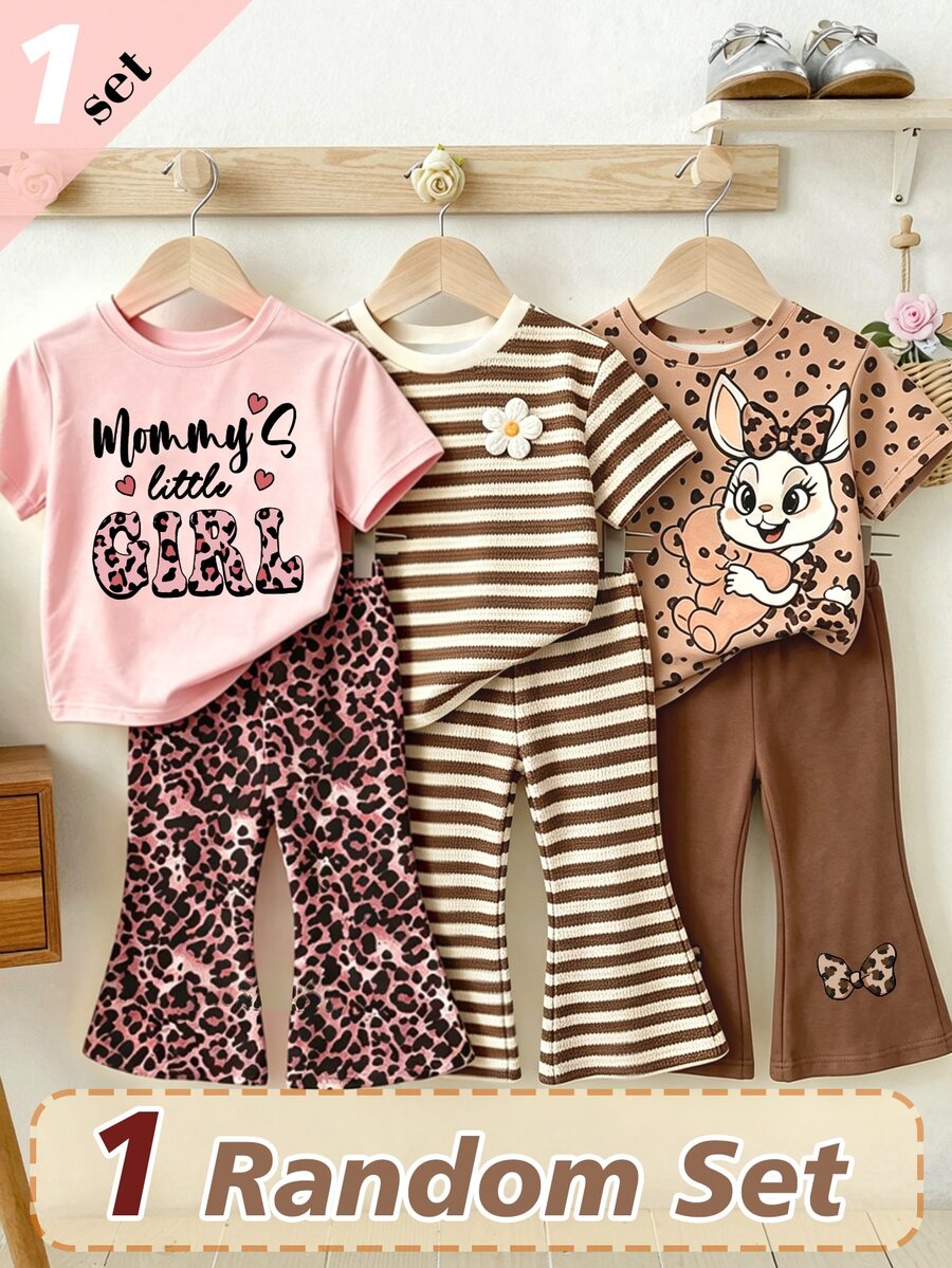 (1 Random Set) Baby Girls Autumn Casual Cute Pink Leopard Print Letter Heart Bow Rabbit Flower Striped Short T-Shirt And Flared Pants - Multicolor - View 1