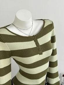 Elamini Women's Autumn/Winter Striped Colorblock Button Placket Fitted Flared Sleeve Casual Knit Sweater - Army Green - View 5