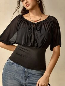 Nubod Plus Size Women's Solid Color Front Tie Short Sleeve Cinched Waist Top - Black - View 1