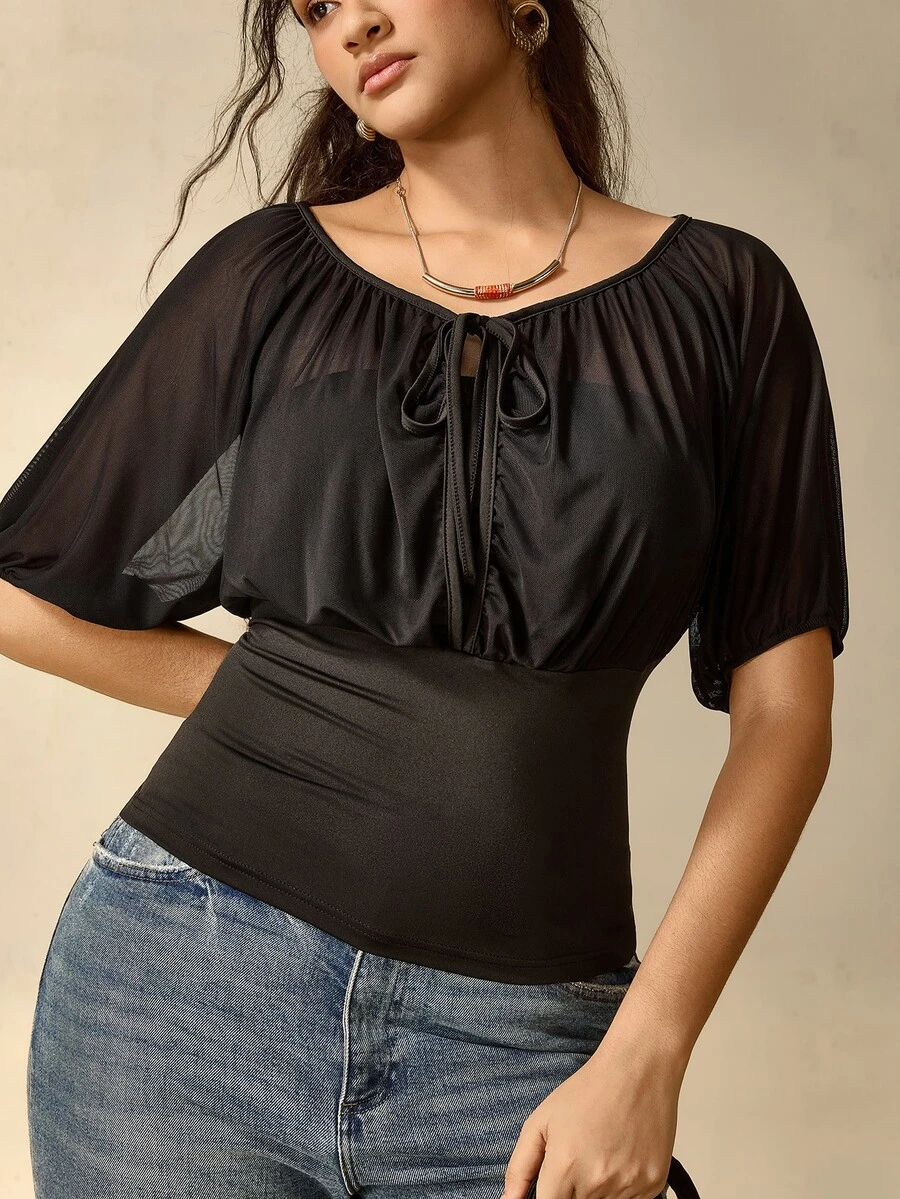 Nubod Plus Size Women's Solid Color Front Tie Short Sleeve Cinched Waist Top - Black - View 1