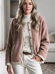 Louniche Women's Autumn/Winter Casual Slouchy Lambswool & Textured Fabric Patchwork Drop Shoulder Round Neck Regular Jacket, Suitable For Home, Outings, Walking And Shopping - Khaki - View 9