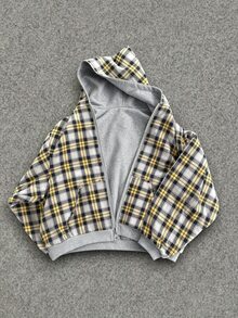 SHEIN 青少年男孩休閒格紋素色雙面可穿連帽秋季外套，正反兩面皆可穿 - 灰色 - 查看 2