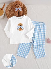 SHEIN طقم ملابس للبنات الصغيرات بتصميم جرو لطيف، ملابس علوية علوية مطاطية & بنطلون كاجوال مربعات بساق مستقيمة، مناسب للشتاء - ازرق وابيض - مشاهدة 6