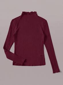 SHEIN EZwear 酒紅色羅紋針織大尺碼女款小立領T恤 - 酒紅色 - 查看 5