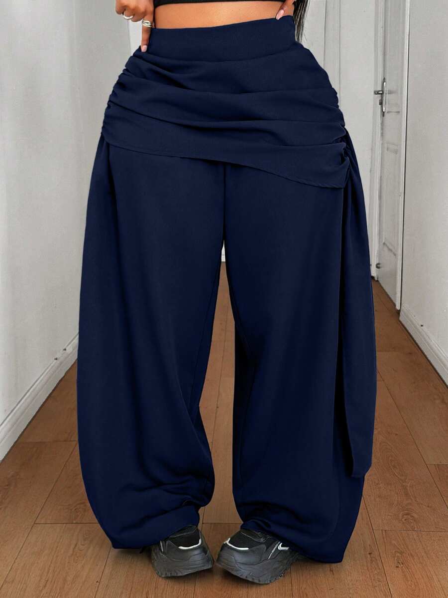 Maweii Celana Panjang Lipit Longgar Lebar Seksi Ukuran Plus untuk Liburan Musim Gugur - Navy Blue - View 1