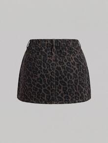 SHEIN MOD Plus Size Women's Leopard Print Pocket Casual Denim Mini Skirt - Multicolor - View 2