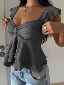 SHEIN EZwear Women's Solid Color Sweetheart Neckline Flutter Sleeve Ruffle Hem Top - Grey - View 5