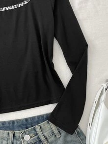 SHEIN Tween Girls Tween Girl Autumn/Winter Minimalist Leopard Print Colorblock Long Sleeve Top - Black - View 5