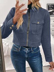 Struktiv 女款秋冬大口袋金屬鈕扣短版軍綠色夾克 - 霧霾藍 - 查看 4