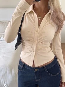 SHEIN EZwear 白色針織修身女款T恤 - 杏色 - 查看 1