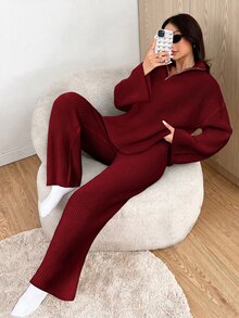 SHEIN EZwear Women's Casual Comfortable Burgundy Half-Open Cardigan Sweater & Solid Color Pants Two Pieces Set, Autumn/Winter - Burgundy - View 4