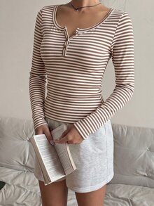 CovetEZ 女款棉混紡棕色條紋半拉鍊T恤，春/夏 - 棕色 - 查看 3