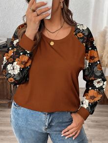 SHEIN LUNE Plus Size Women's Casual Raglan Sleeve Crew Neck Loose Fit T-Shirt Suitable For Spring And Autumn - Multicolor - View 3