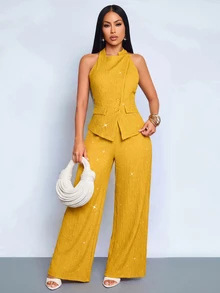 SOLERSUN Women's Autumn Casual Commute Textured Elastic Sequin Fabric Asymmetrical Collar Button Pocket Flap Decor Sleeveless Tank Top Top - Ginger - View 4