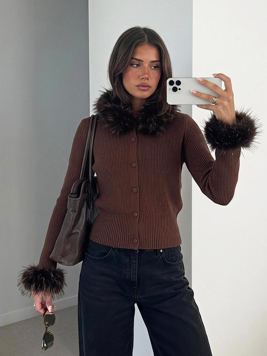 Siren Gaze Fall Winter Sweater Knitted Women's Vintage Retro Elegant Faux Fur Collar Button Cardigan Party Brunch Office Night Out Date Night Fall Winter Brown - Brown - View 1