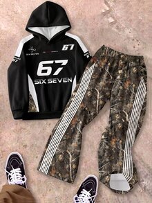 青少年男孩秋冬休閒街頭風 67字母與葉片白色條紋印花連帽衛衣＋寬腿長褲 2件套，適合外出與運動 - 彩色 - 查看 1