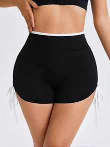 Slayform Slayform 1 buah Celana Pendek Olahraga Wanita Tanpa Jahitan, Elastis Tinggi, Tali Serut Samping, untuk Lari, Kebugaran, Yoga, Studio, Latihan, Lebar 3 Inci - Hitam - View 2