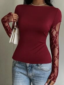SHEIN EZwear 女款休閒黑色針織蕾絲拼接二合一長袖上衣，夏季 - 酒紅色 - 查看 7