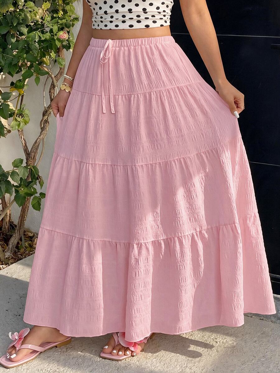 GalTyme Pink Casual Plus Size Women's Waist Tie Ruffle Hem Skirt - Pink - View 1