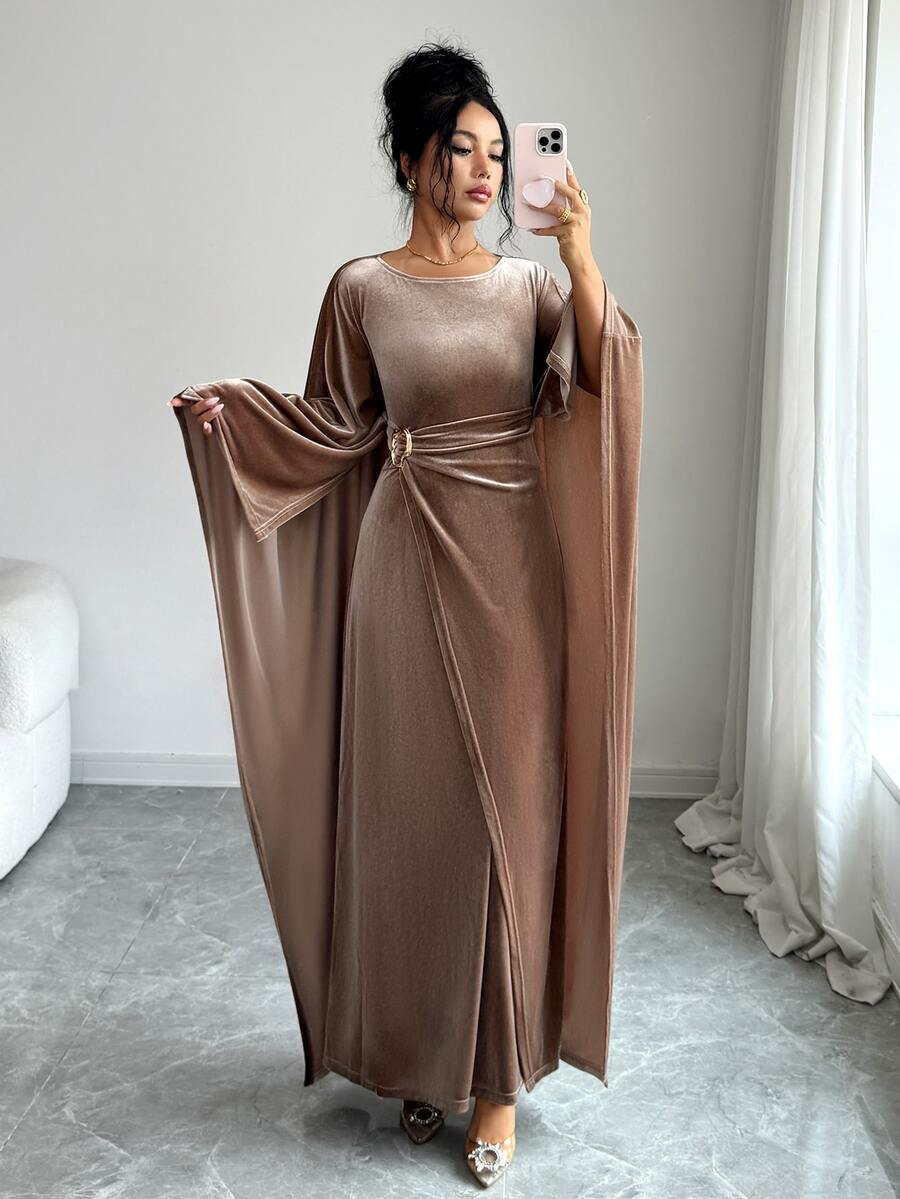 SHEIN Elenzya Women's Solid Color Metal Decor Casual Party Dress - Brown - View 1