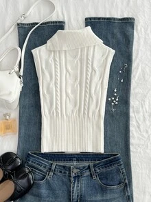FavEase Women's Cable Knit Button Design Casual Versatile Knit Vest - White - View 2