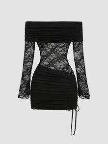 Sweetra Y2K Sexy Off-Shoulder Lace Patchwork Pleated Elegant Party Commute Versatile Dress - Black - View 2
