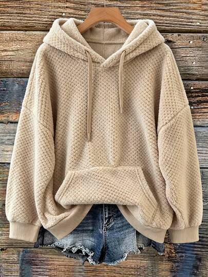Linhara Plus Size Women's Casual Elegant Flannel Apricot Hooded Sweatshirt, Suitable For Casual Wear, Elegant Wear, Minimalist Sportswear