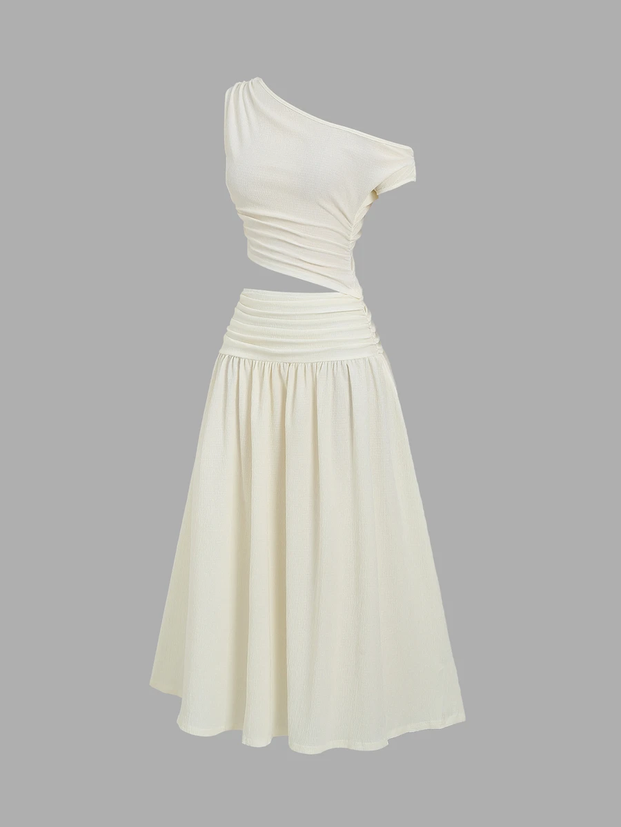 Sweetra French Style Hollow Out Asymmetrical Shoulder Cutout Waist Dress - Apricot - View 1
