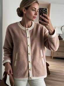 Louniche Women's Autumn/Winter Casual Slouchy Lambswool & Textured Fabric Patchwork Drop Shoulder Round Neck Regular Jacket, Suitable For Home, Outings, Walking And Shopping - Khaki - View 1