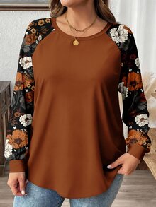 SHEIN LUNE Plus Size Women's Casual Raglan Sleeve Crew Neck Loose Fit T-Shirt Suitable For Spring And Autumn - Multicolor - View 4