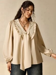 Nubod Plus Size Elegant Lace Patchwork V-Neck Draped Long Sleeve Blouse - Khaki - View 7