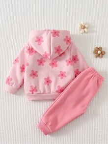 SHEIN 女嬰花卉拼色印花連帽前開襟斜口袋加厚抓絨外套與運動長褲休閒套裝，適合冬季 - 粉色 - 查看 2