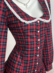 Elamini Women's Contrast Lace Plaid Peter Pan Collar Single-Breasted Ruffle Hem Cute Short Dress - Multicolor - View 4