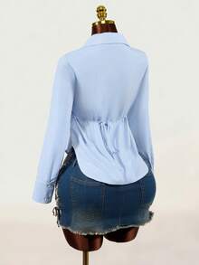 Mistrie Women's Striped Letter Print Long Sleeve Slim Fit Shirt - Blue and White - View 2