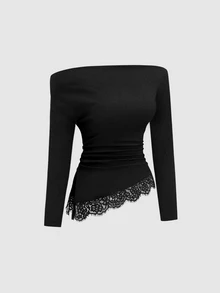 Sweetra Asymmetric Shoulder Short Sleeve T-Shirt Slimming Lace Patchwork Design Top Versatile Casual Slimming Long Pants - Black - View 8