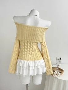 Elamini Women's Autumn/Winter Off-Shoulder Striped Cable Knit Large Collar Slim Fit Versatile Sweet Vibe Knit Sweater - Light Yellow - View 2