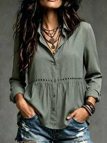 Trelyra Women's Fashion Casual Button Lace Patchwork Daily Shirt - Dark Grey - View 1