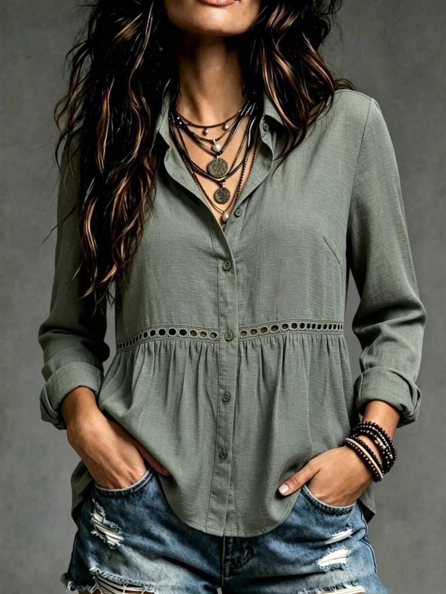 Trelyra Women's Fashion Casual Button Lace Patchwork Daily Shirt - Dark Grey - View 1