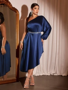 Cravure Plus Size Navy Blue Satin Asymmetrical Shoulder Draped Evening Party Dress - Blue - View 3