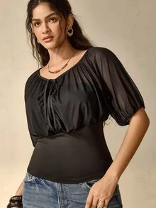 Nubod Plus Size Women's Solid Color Front Tie Short Sleeve Cinched Waist Top - Black - View 4